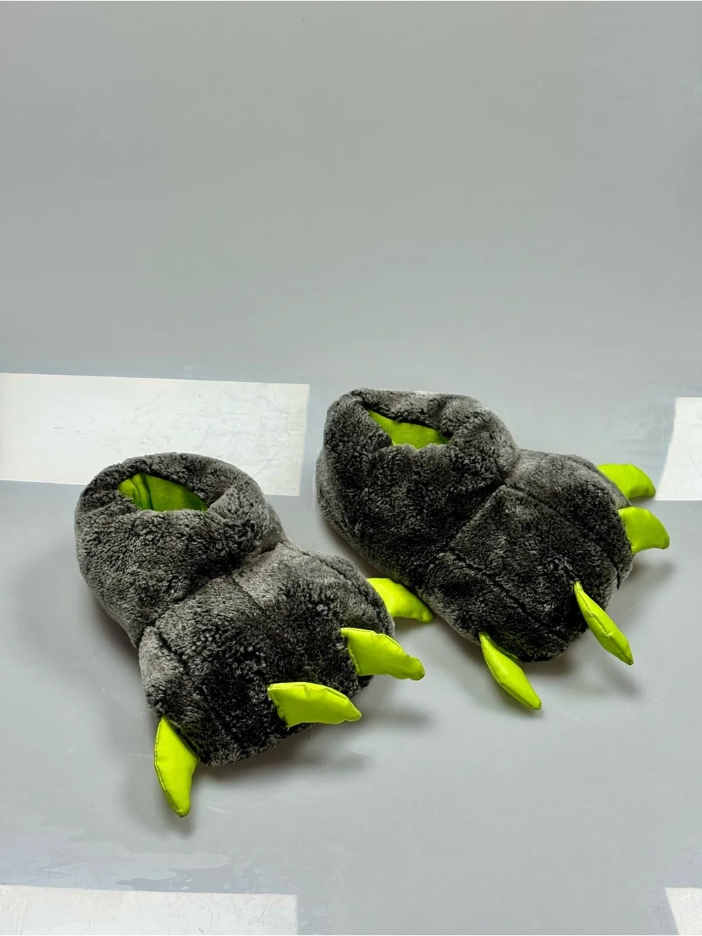 Falls Creek Boys 12/13 Gray Green Monster Bear Claw Plush Slippers